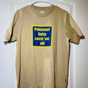 Uniqlo Men's Tan Pokémon Graphic Tee with Blue & Yellow Logo